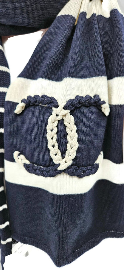Chanel 19C Cruise Navy Ivory CC Logo Wool Silk Cashmere Scarf AA1058 X124034