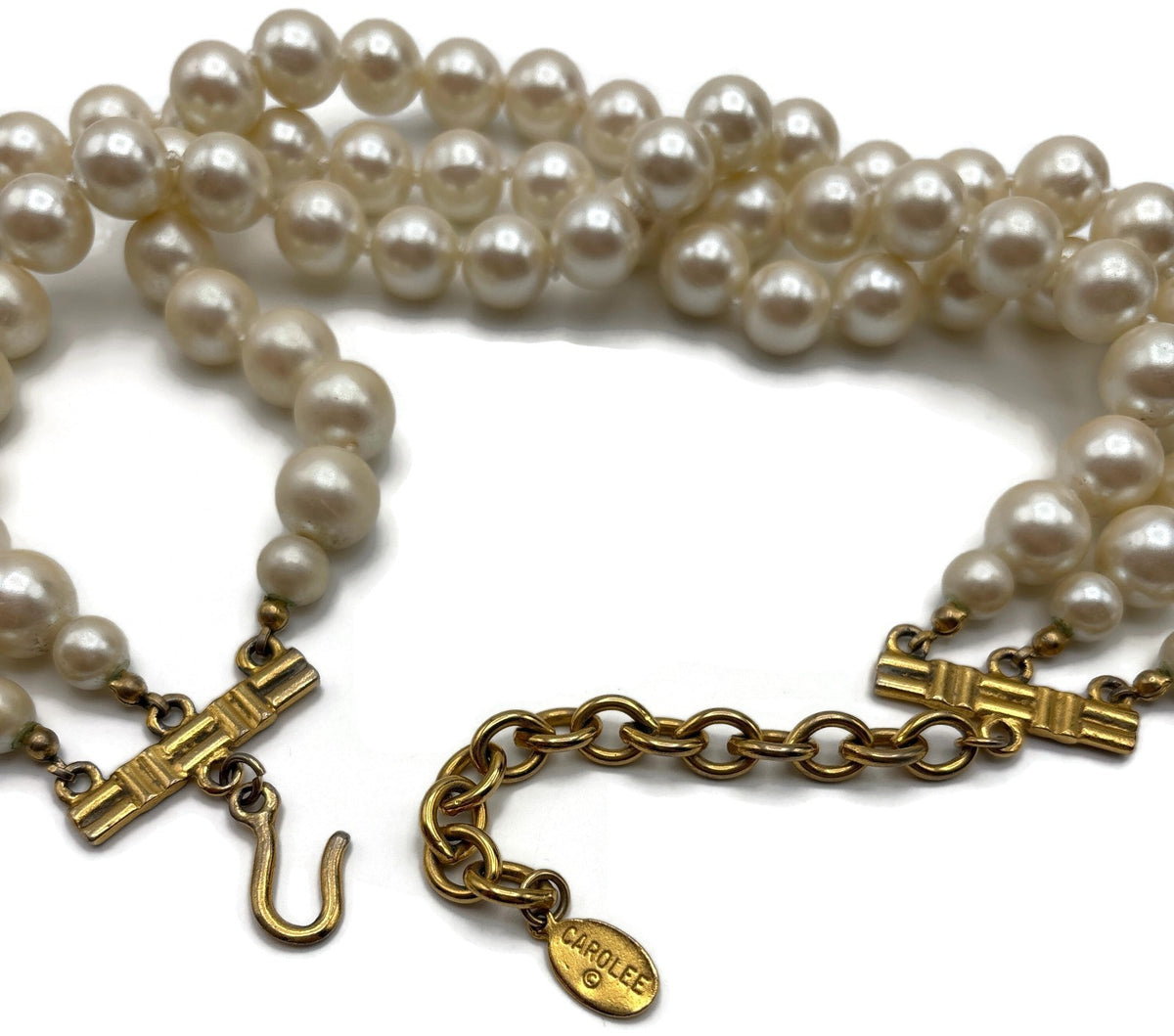 Carolee Signed 3 Strand Faux Pearl Choker Necklace Gold Tone Extender 15.5in8