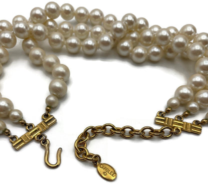 Carolee Signed 3 Strand Faux Pearl Choker Necklace Gold Tone Extender 15.5in8