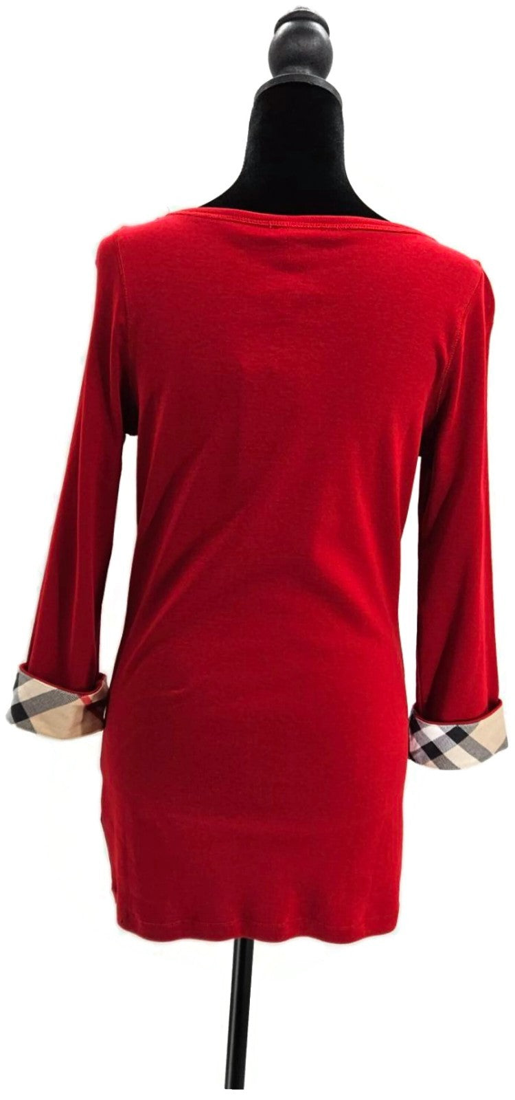 Burberry Brit Red Top Nova Check Cuff Scoop Neck 3/4 Sleeves Womens Sz Large NWT5