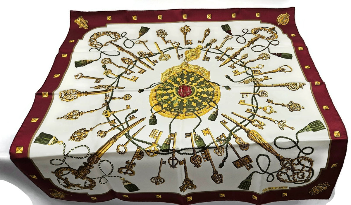 Hermes Carre 90 Silk Scarf Les Cles Caty Latham Burgundy Gold Keys Wrap w/ Box11