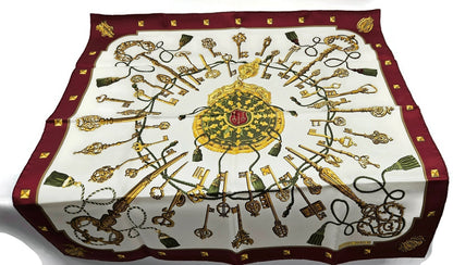 Hermes Carre 90 Silk Scarf Les Cles Caty Latham Burgundy Gold Keys Wrap w/ Box11