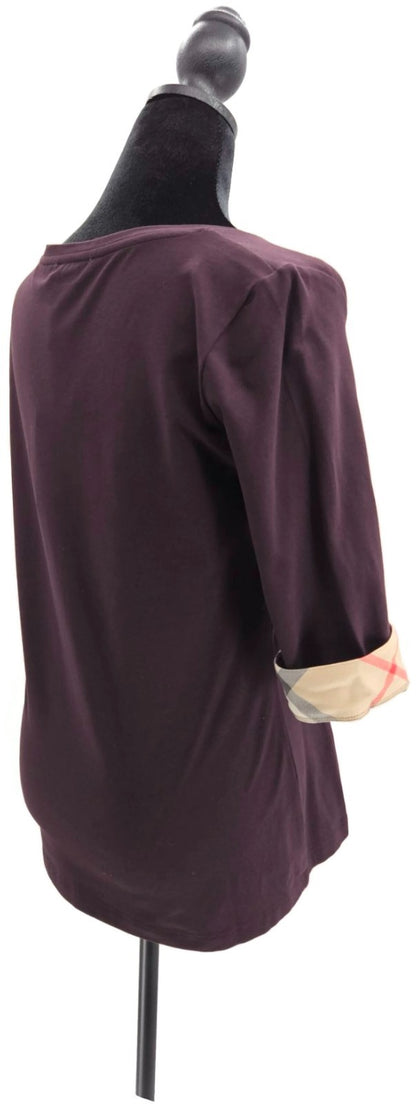 Burberry Brit Dark Black Currant Check Cuff Scoop Neck Top Medium NWT3