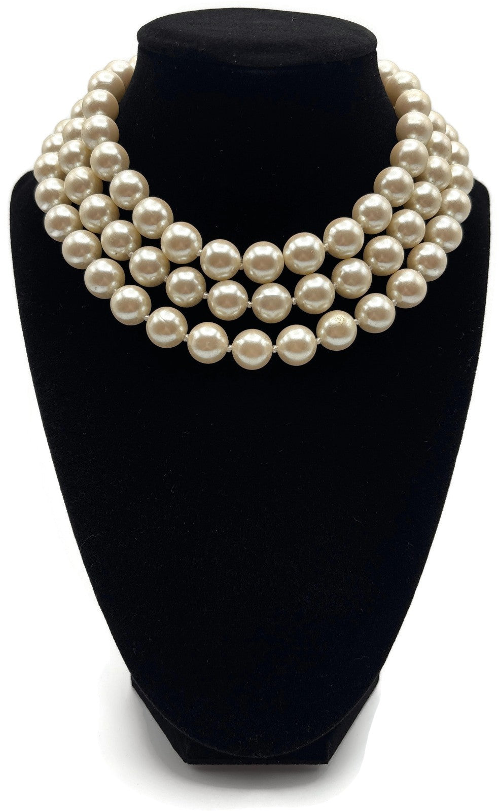 Carolee Signed 3 Strand Faux Pearl Choker Necklace Gold Tone Extender 15.5in0