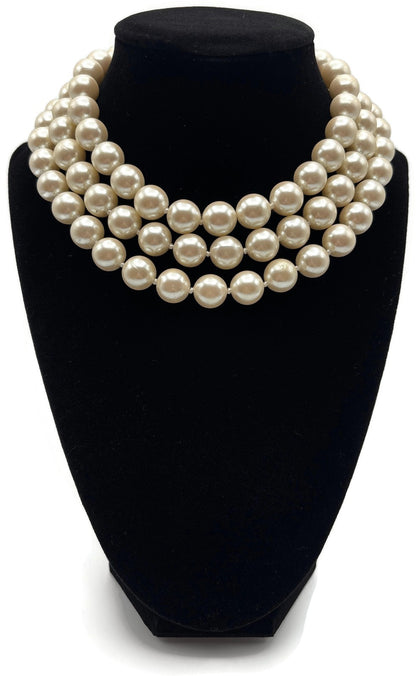 Carolee Signed 3 Strand Faux Pearl Choker Necklace Gold Tone Extender 15.5in0