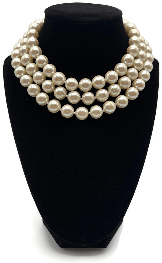 Carolee Signed 3 Strand Faux Pearl Choker Necklace Gold Tone Extender 15.5in0