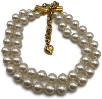 Carolee Signed Double Strand Faux Pearl Choker Necklace Gold Tone Heart Charm6