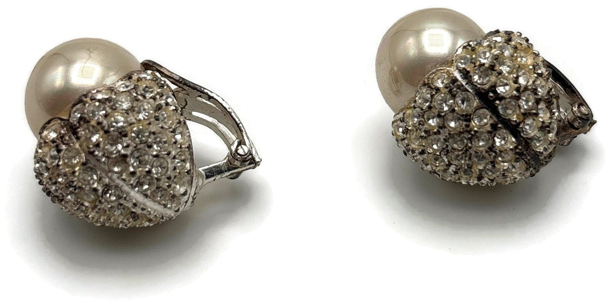 Ultima Edizione 925 Sterling Silver Pearl CZ Rhinestone Clip On Earrings Signed3