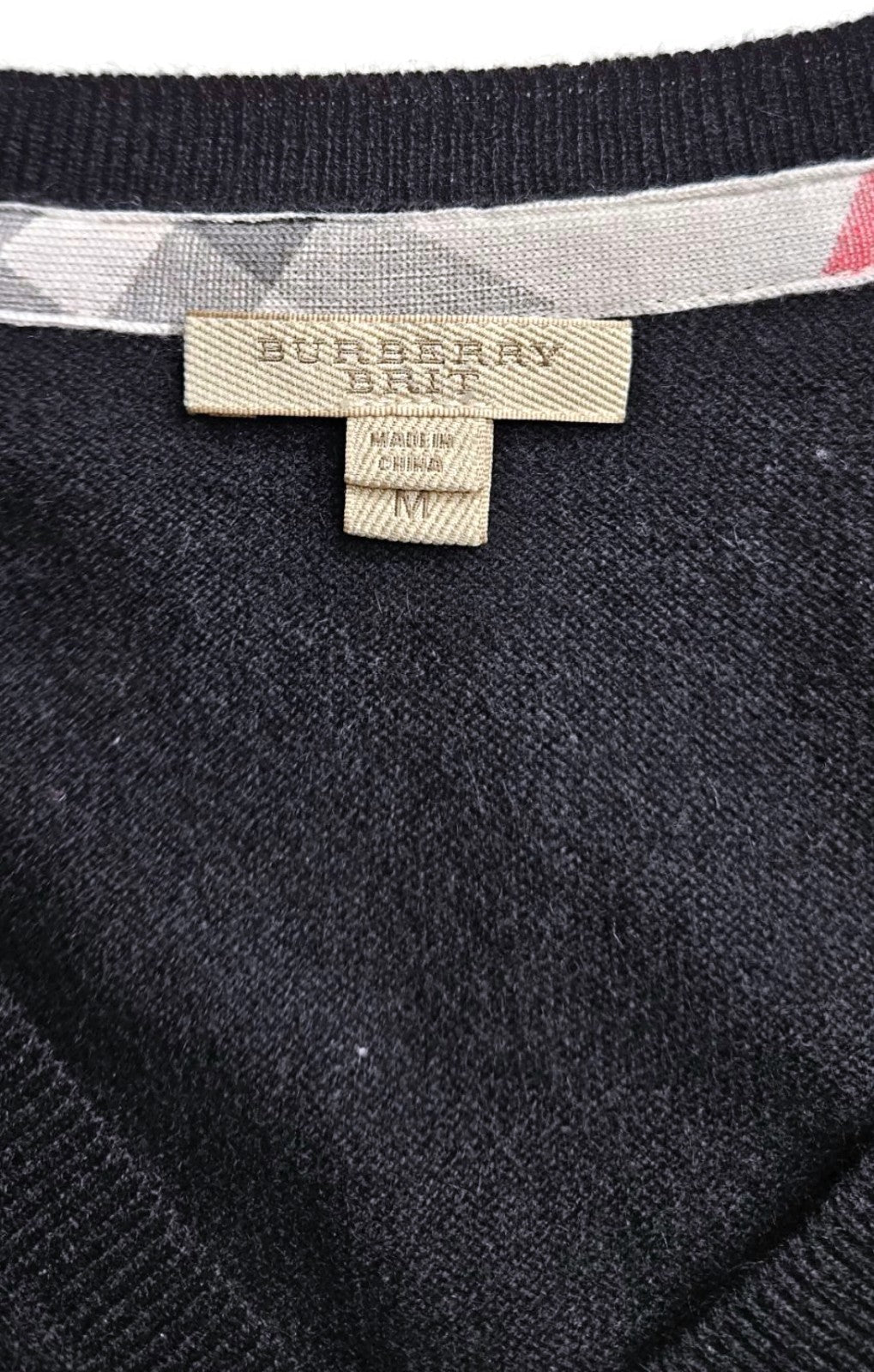 Burberry Brit Cashmere V Neck Sweater Black Plaid Check Cuff Pullover Sz Medium8