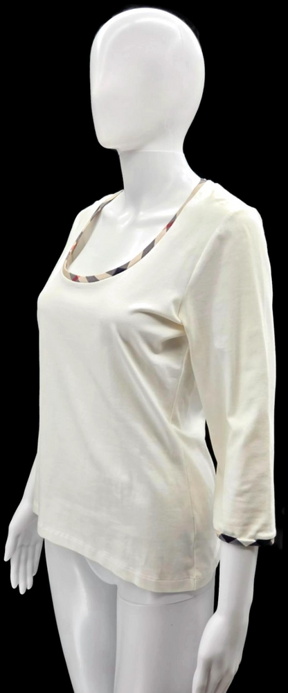 Burberry London Cream Ivory Check Trim Scoop Neck 3/4 Sleeve Top Women's Medium1