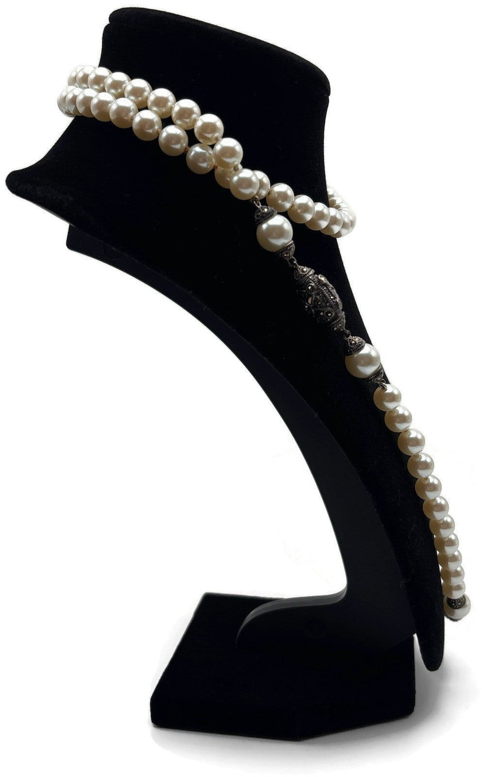 Vintage 36" Pearl Look Station Necklace Silver Tone Black Rhinestone Long Opera4