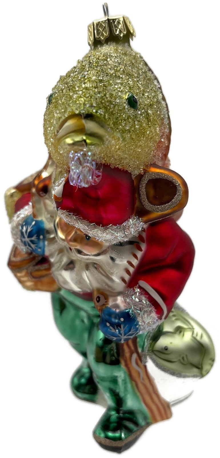 Santa Carrying Giant Rainbow Trout Glass Christmas Ornament Fishing3