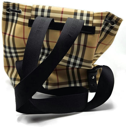 Burberry Check Drawstring Backpack Beige Black Trim Front Pocket Rucksack4