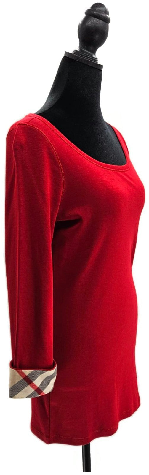 Burberry Brit Red Top Nova Check Cuff Scoop Neck 3/4 Sleeves Womens Sz Large NWT3