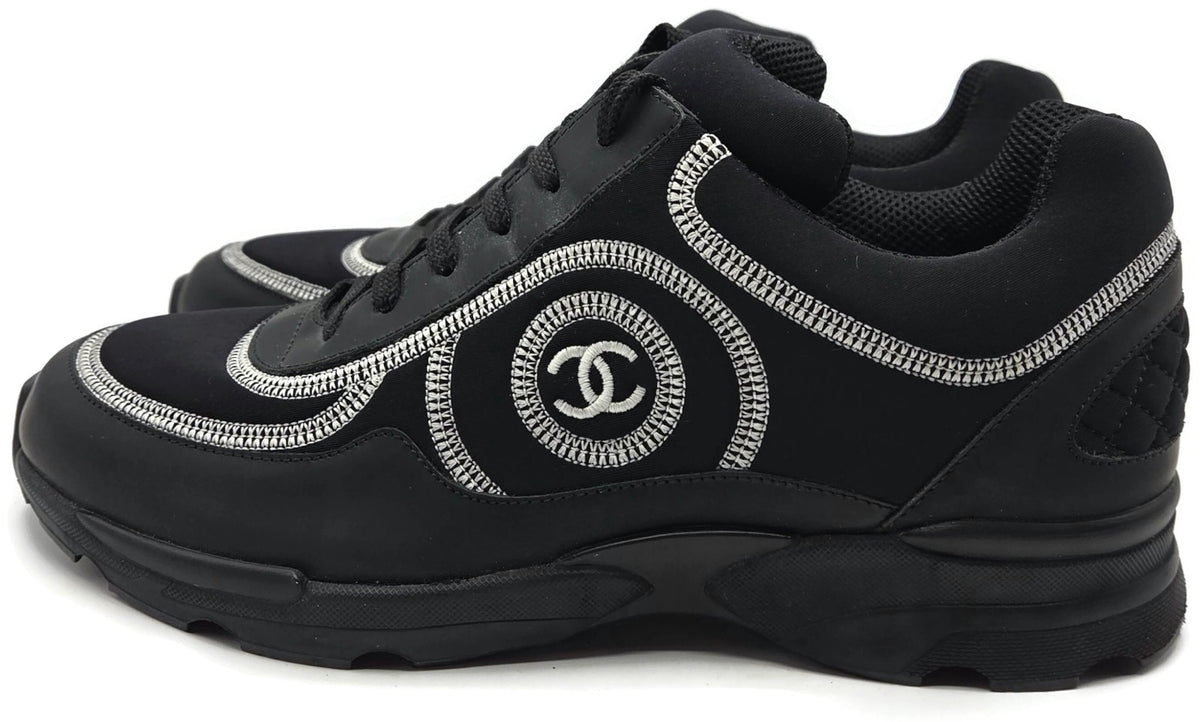 Chanel CC Low Top Sneakers Black Leather Platform Athletic Shoes Women Size 40.55