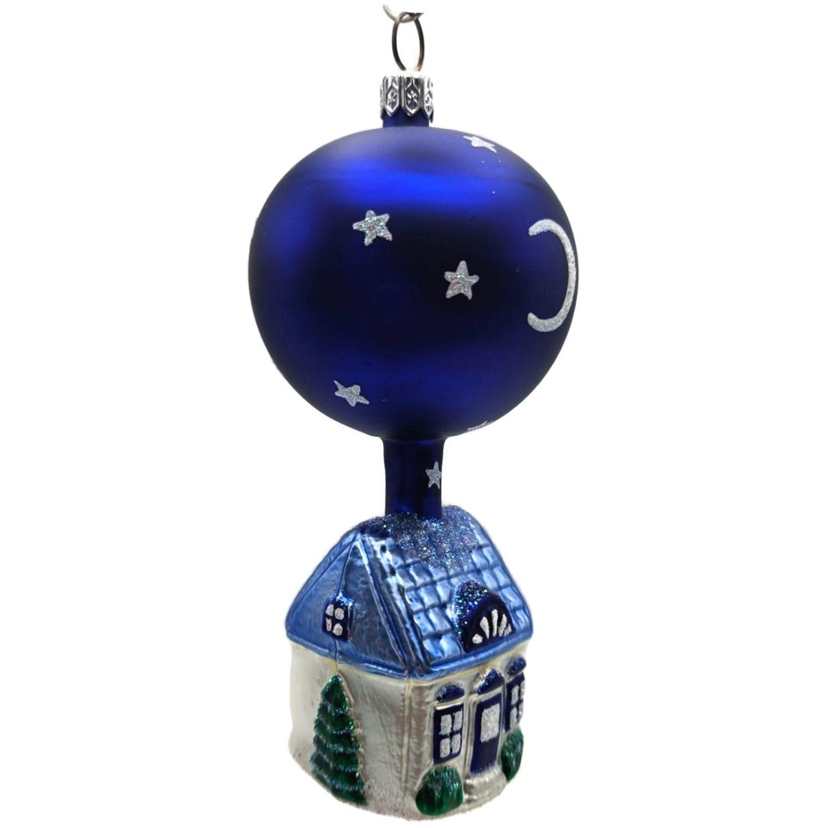Patricia Breen Night House Blue Moons Stars Glass Christmas Tree Ornament 95193