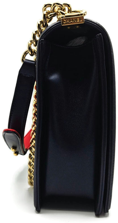 CHANEL Large Boy Flap Bag Navy Blue Calfskin Leather Gold Hardware Shoulder Bag7