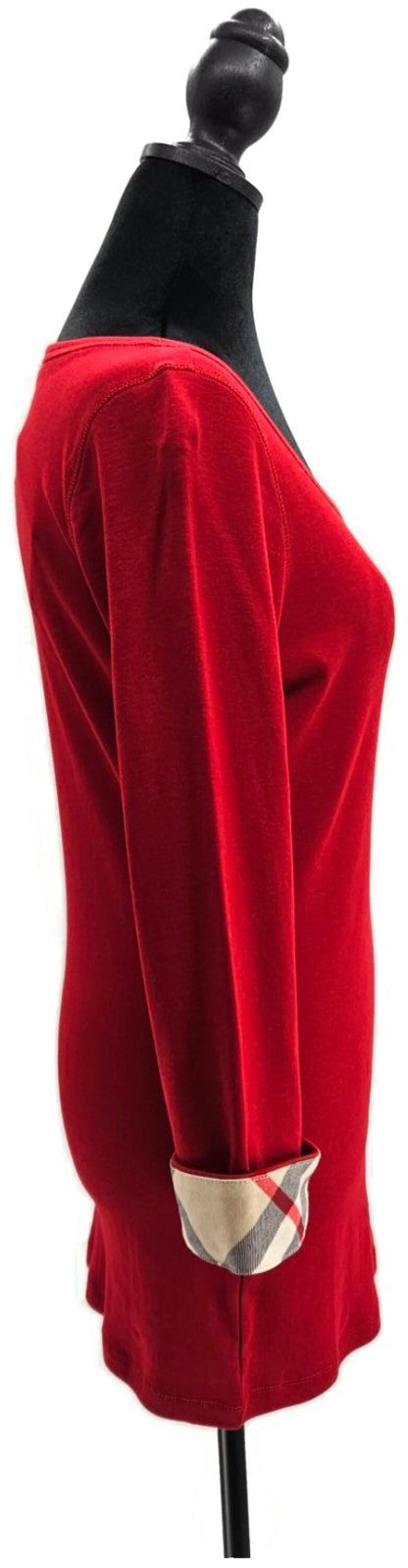 Burberry Brit Red Top Nova Check Cuff Scoop Neck 3/4 Sleeves Womens Sz Large NWT7