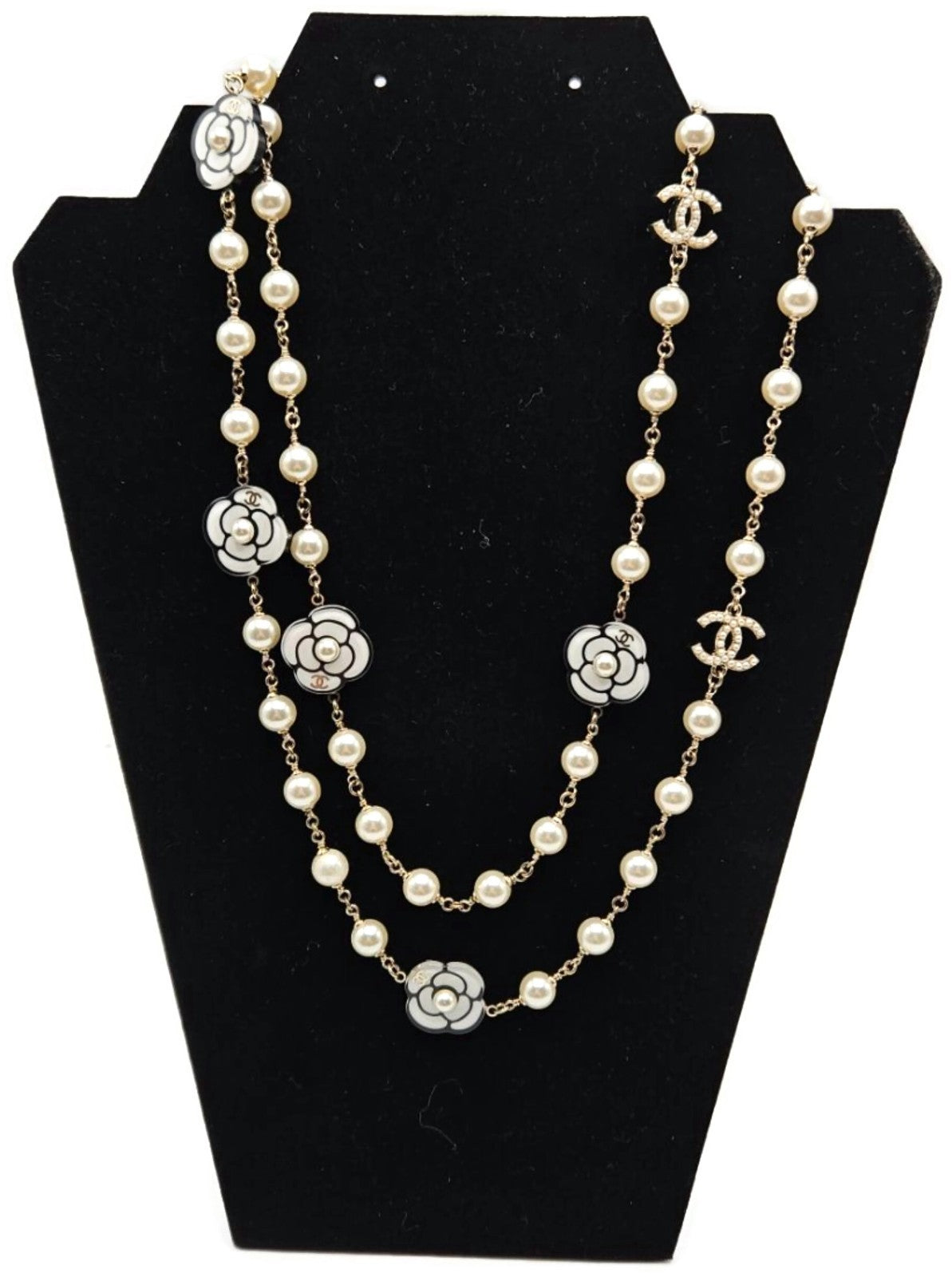 Chanel B19B Camellia Faux Pearl Crystal CC Long Necklace 2019 Gold w/ Box1
