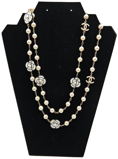 Chanel B19B Camellia Faux Pearl Crystal CC Long Necklace 2019 Gold w/ Box1
