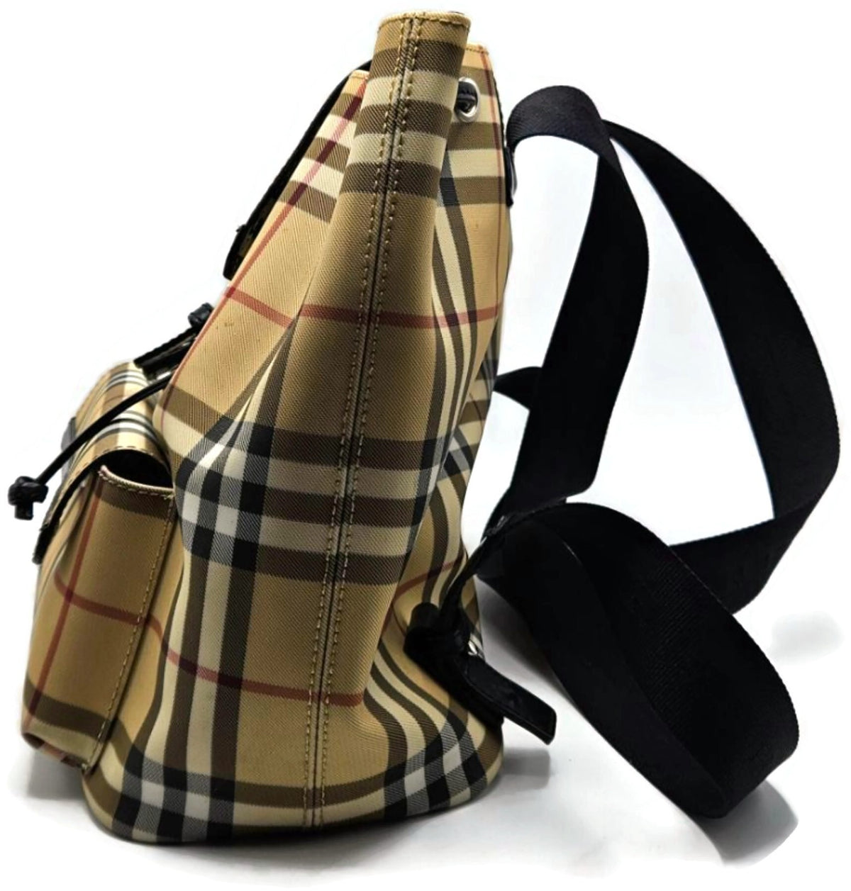 Burberry Check Drawstring Backpack Beige Black Trim Front Pocket Rucksack6
