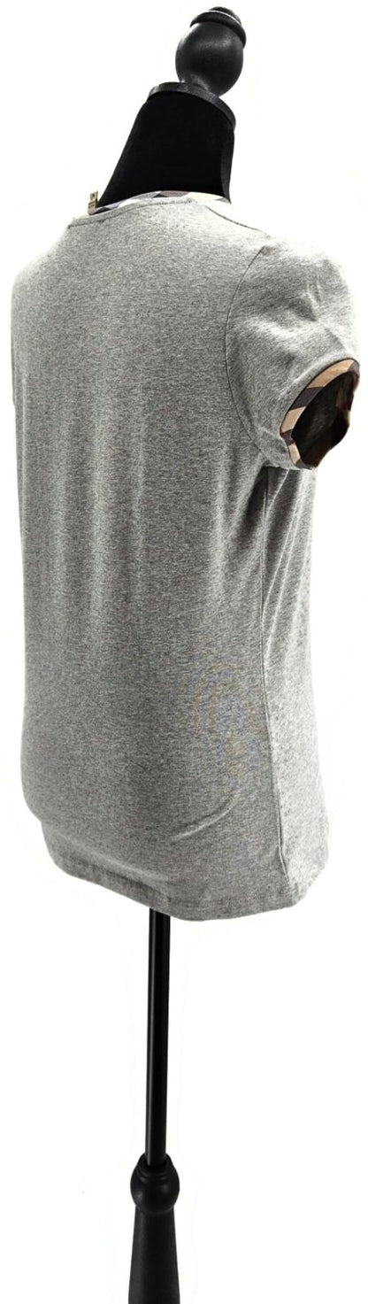 Burberry London Pale Grey Nova Check Trim Short Sleeve T Shirt Womens Medium NWT4