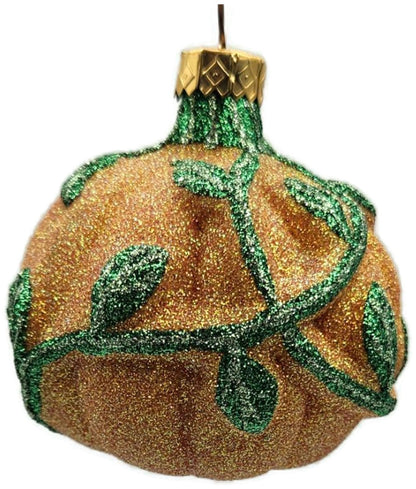 Vintage Pumpkin & Vine Orange Green Glitter Blown Glass Fall Christmas Ornament1