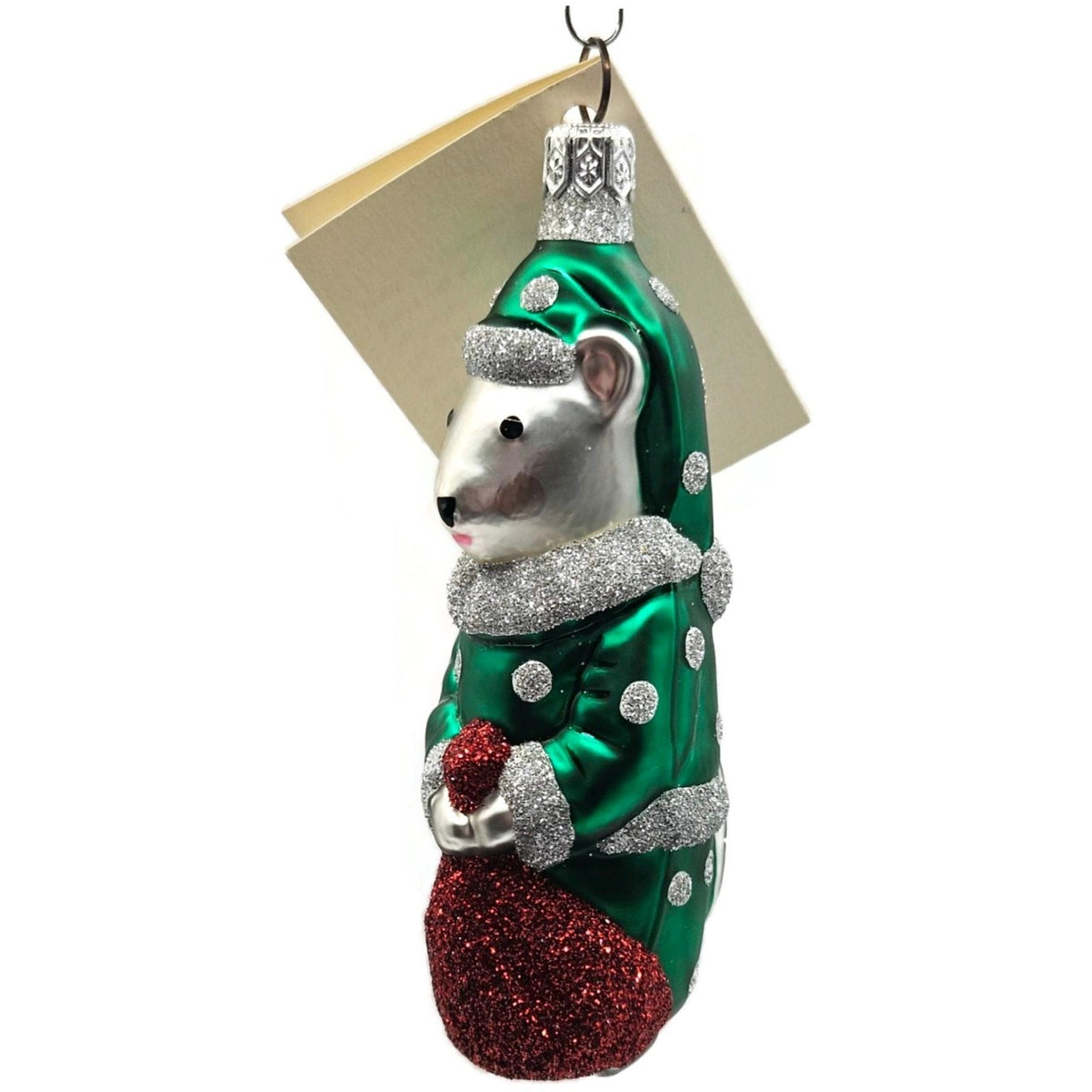 Patricia Breen Festive Mouse Green Silver Dots Glass Christmas Ornament 9611A5