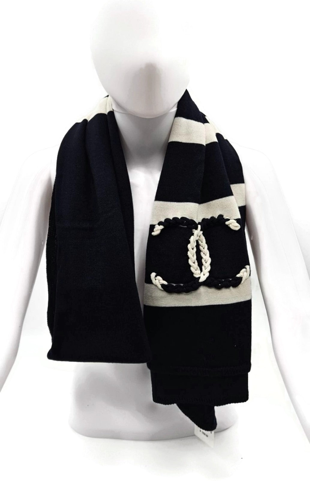 Chanel 19C Cruise Navy Ivory CC Logo Wool Silk Cashmere Scarf AA1058 X124031