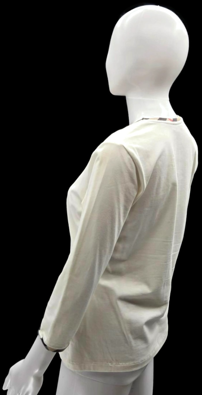 Burberry London Cream Ivory Check Trim Scoop Neck 3/4 Sleeve Top Women's Medium2