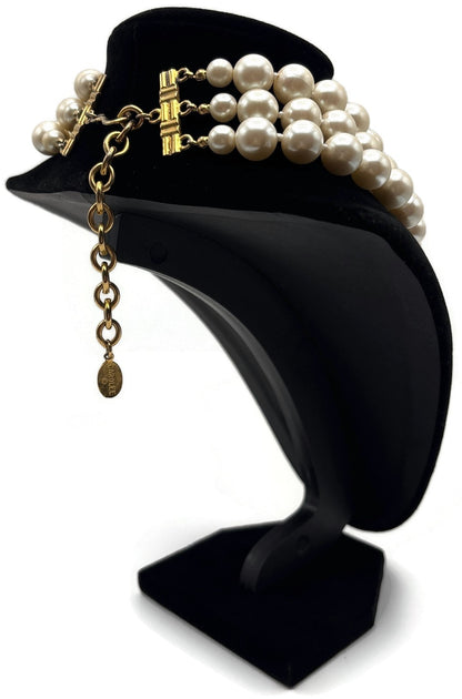 Carolee Signed 3 Strand Faux Pearl Choker Necklace Gold Tone Extender 15.5in5