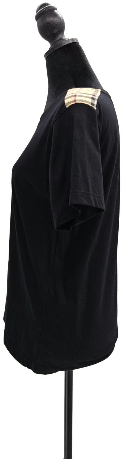 Burberry London Black Check Shoulder Trim Cotton T Shirt Women's Small NWT3