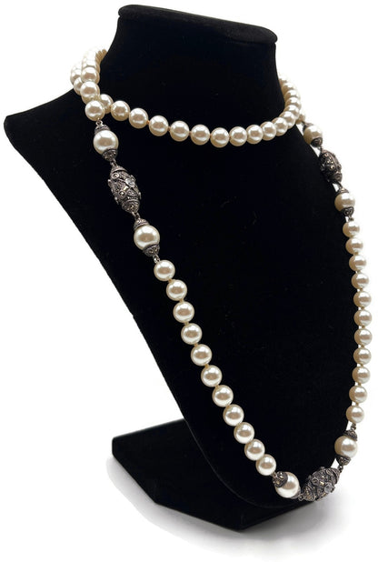 Vintage 36" Pearl Look Station Necklace Silver Tone Black Rhinestone Long Opera5