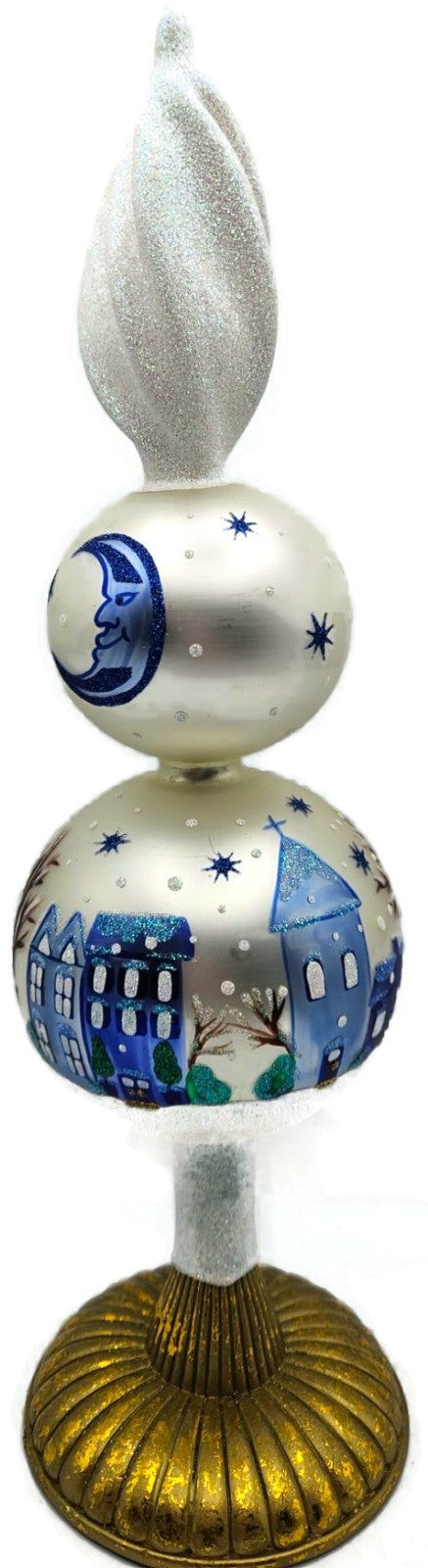 Patricia Breen Village Finial Pearl Snow Blue Stars Christmas Tree Topper 96807