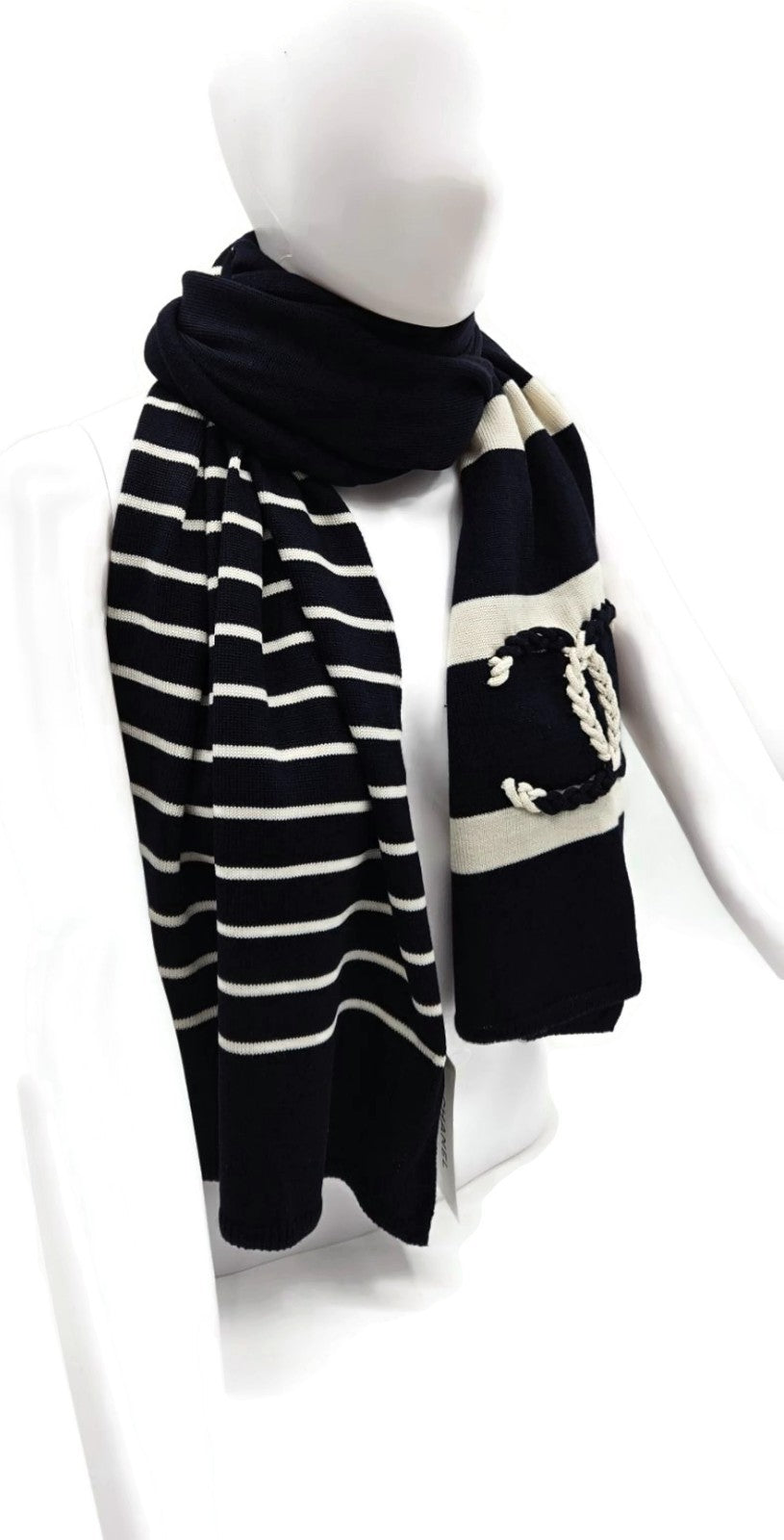 Chanel 19C Cruise Navy Ivory CC Logo Wool Silk Cashmere Scarf AA1058 X124032
