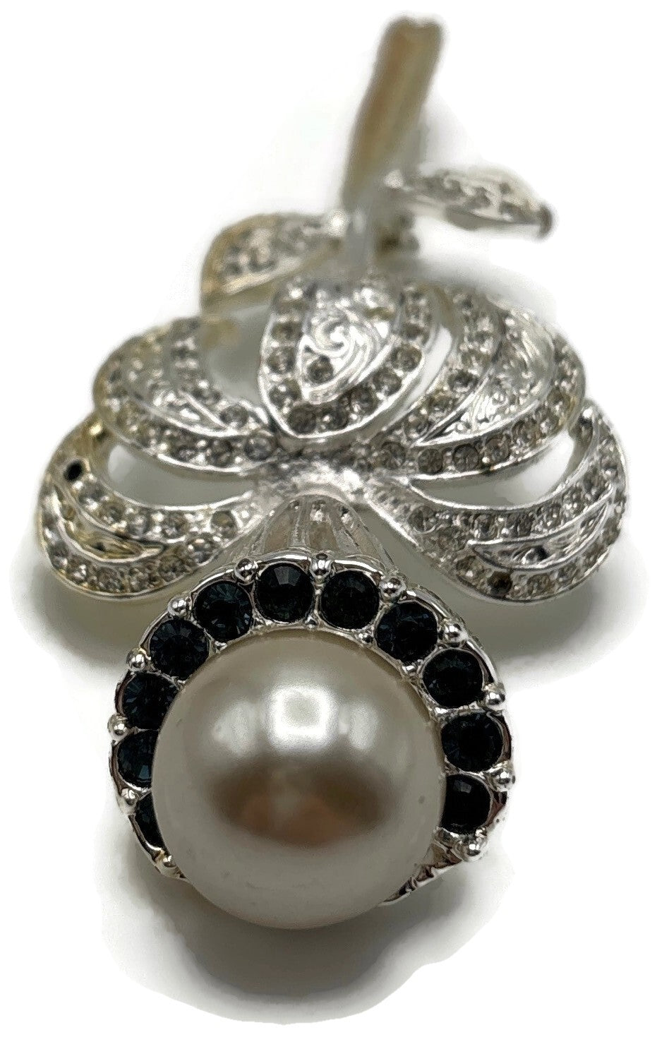 Vintage Rose Brooch Faux Pearl Black Clear Rhinestone Two Tone Flower Pin8