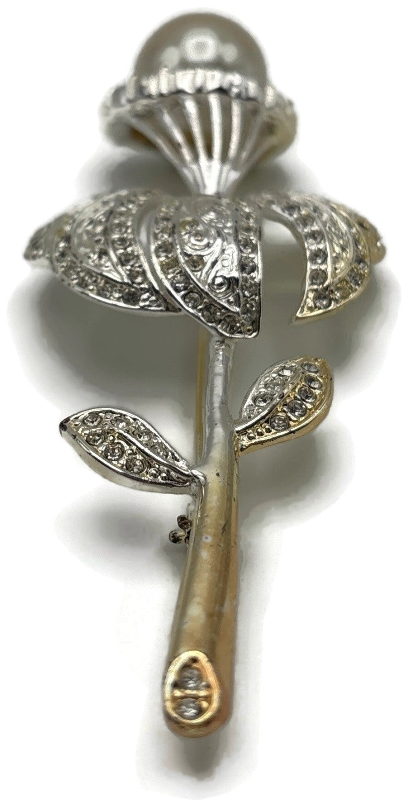 Vintage Rose Brooch Faux Pearl Black Clear Rhinestone Two Tone Flower Pin6