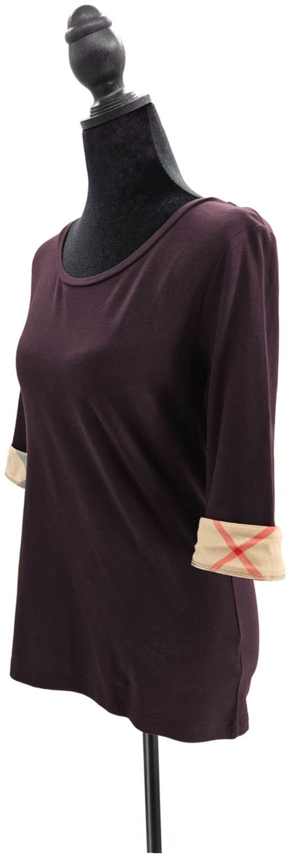 Burberry Brit Dark Black Currant Check Cuff Scoop Neck Top Medium NWT7