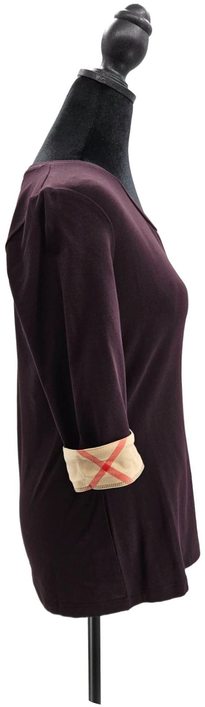 Burberry Brit Dark Black Currant Check Cuff Scoop Neck Top Medium NWT2