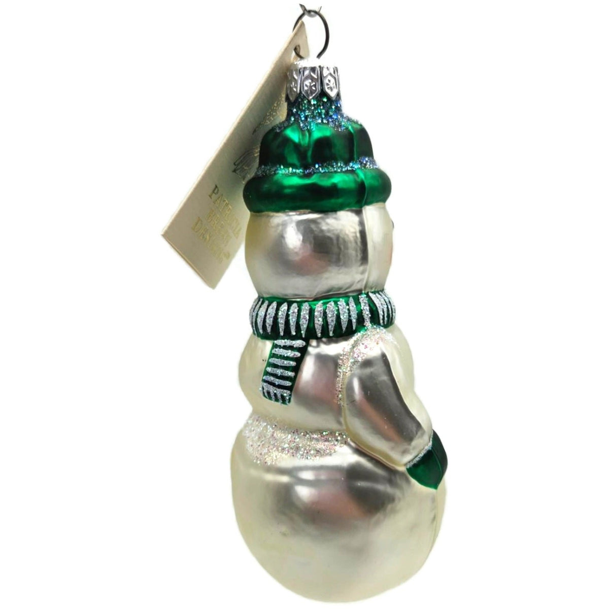Patricia Breen Snowman Green Pearl White Striped Glass Christmas Ornament 95233