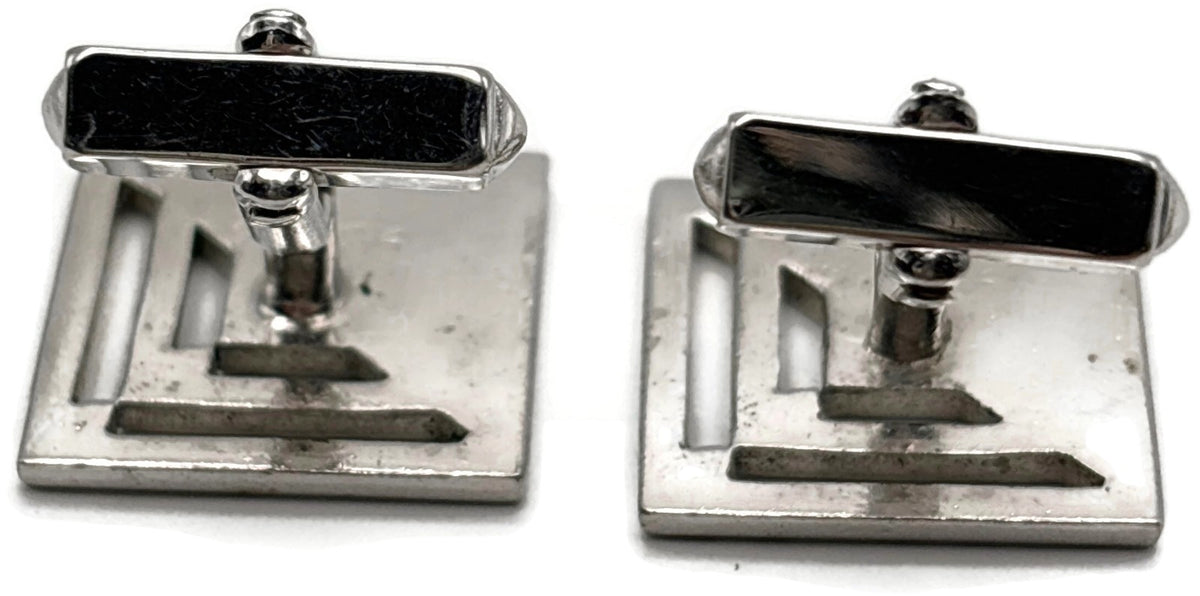 Swank Signed Men's Cuff Links Set Silver Tone Square Modernist Geometric Cutout1