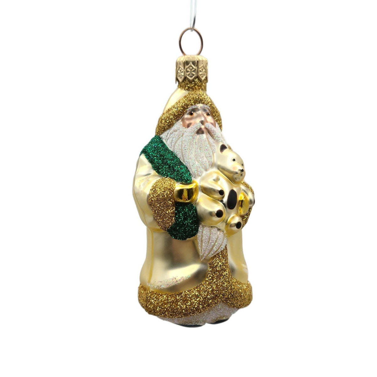 Patricia Breen Miniature Santa and Teddy Gold Green Sack Christmas Ornament 99532