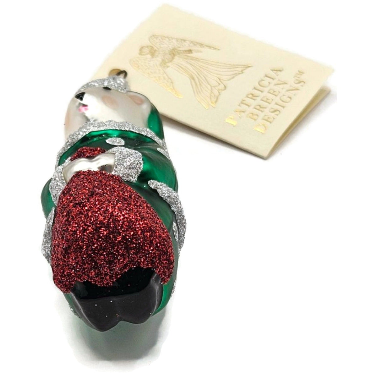 Patricia Breen Festive Mouse Green Silver Dots Glass Christmas Ornament 9611A4