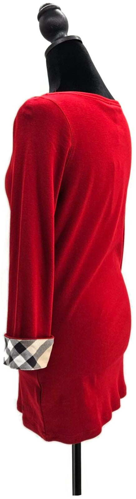 Burberry Brit Red Top Nova Check Cuff Scoop Neck 3/4 Sleeves Womens Sz Large NWT4