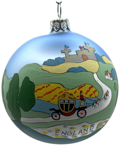 England Castle Horse Carriage Blue Hand Painted Glass Christmas Ornament4