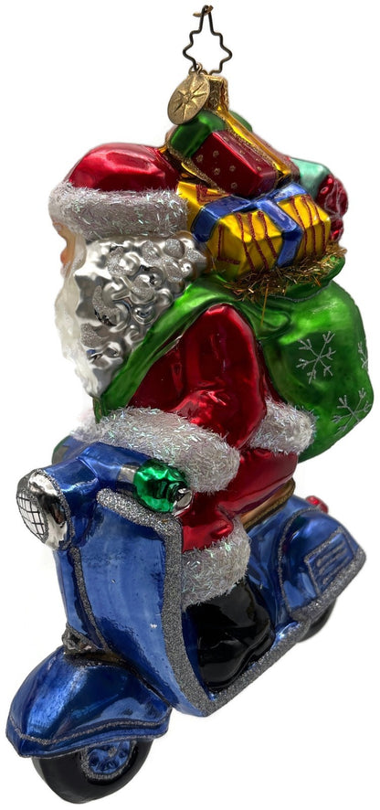 Christopher Radko Roaming Holiday Santa Scooter Glass Christmas Ornament 10141046
