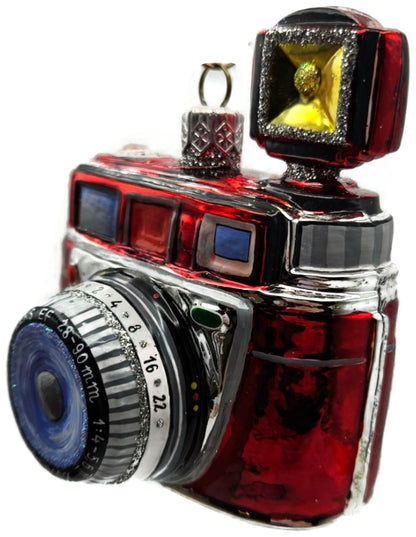 Vintage Style Glass Camera Red Sparkle Glitter Hand Painted Christmas Ornament3