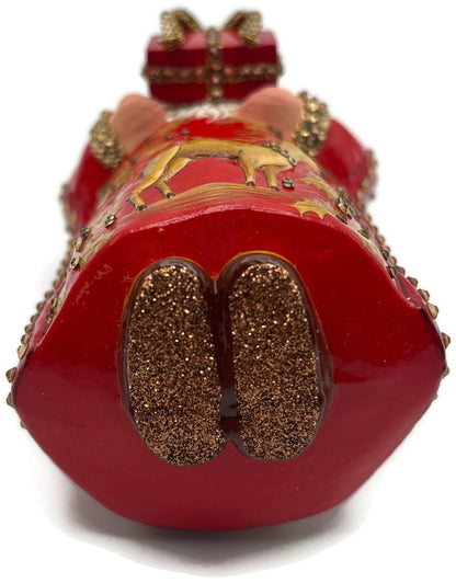 Patricia Breen 2014 Santa for Yaly Red Gold Holly Reindeer Ornament 34409