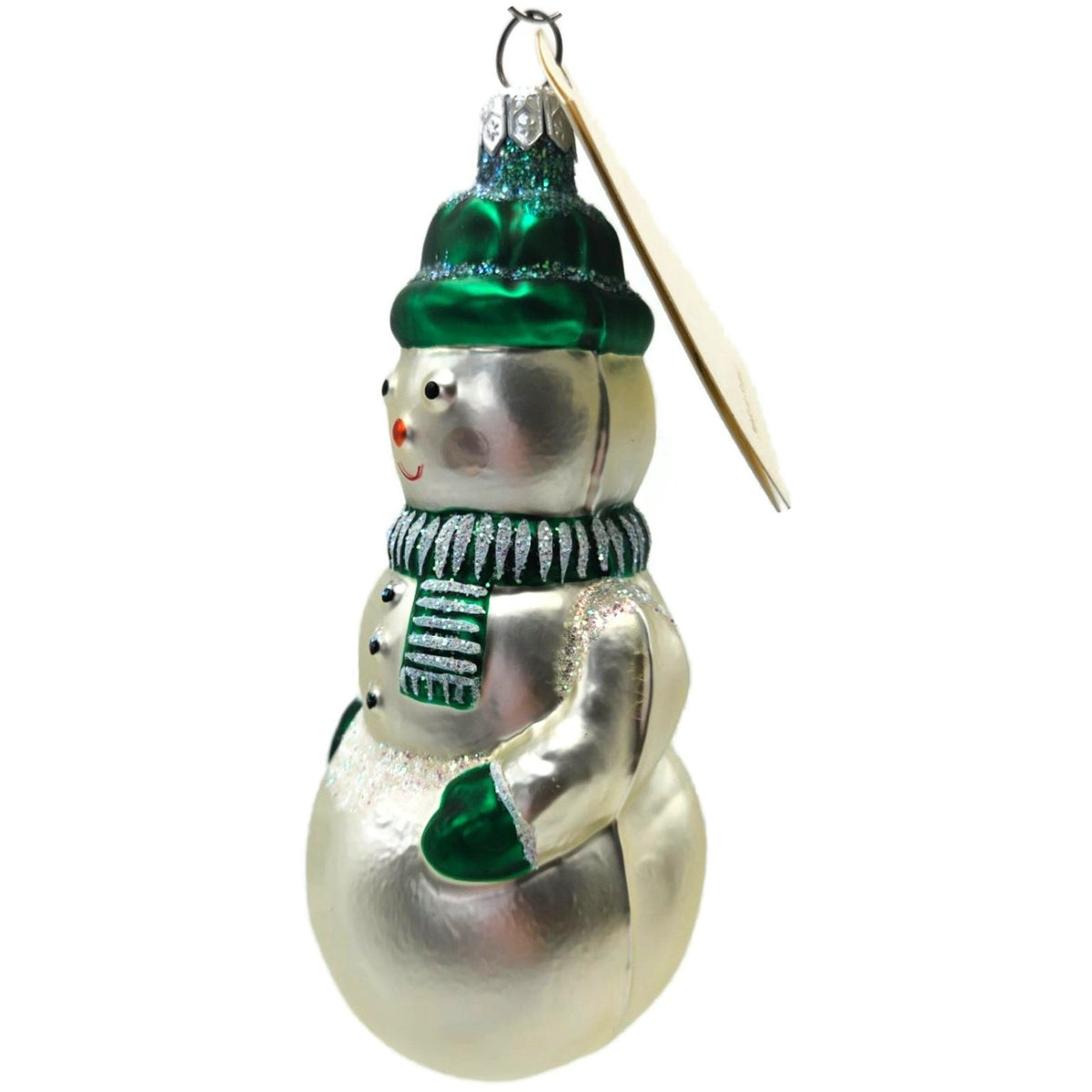 Patricia Breen Snowman Green Pearl White Striped Glass Christmas Ornament 95239