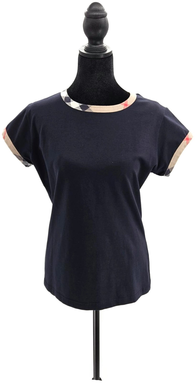 Burberry London Black Check Trim Short Sleeve Stretch Cotton Top Women's Large0